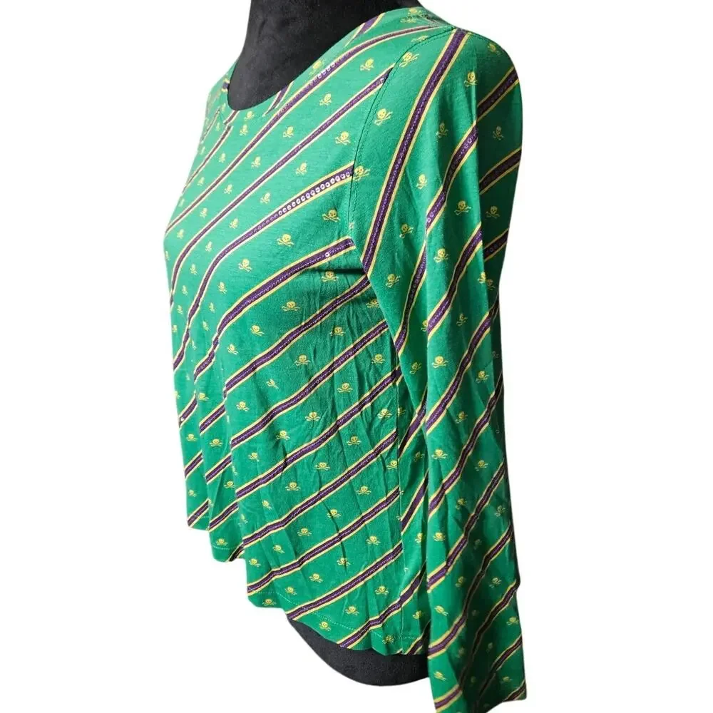 Ralph Lauren Girls Large 12-14 Green Sequin Stripe Skull Crossbones Shirt L/S